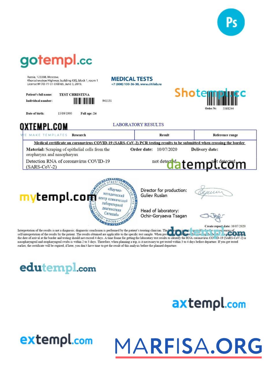 Blank Russia medical certificate on Covid 19 download for verification